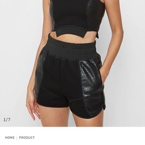 Jersey & Cracked Vegan Leather Shorts - Black